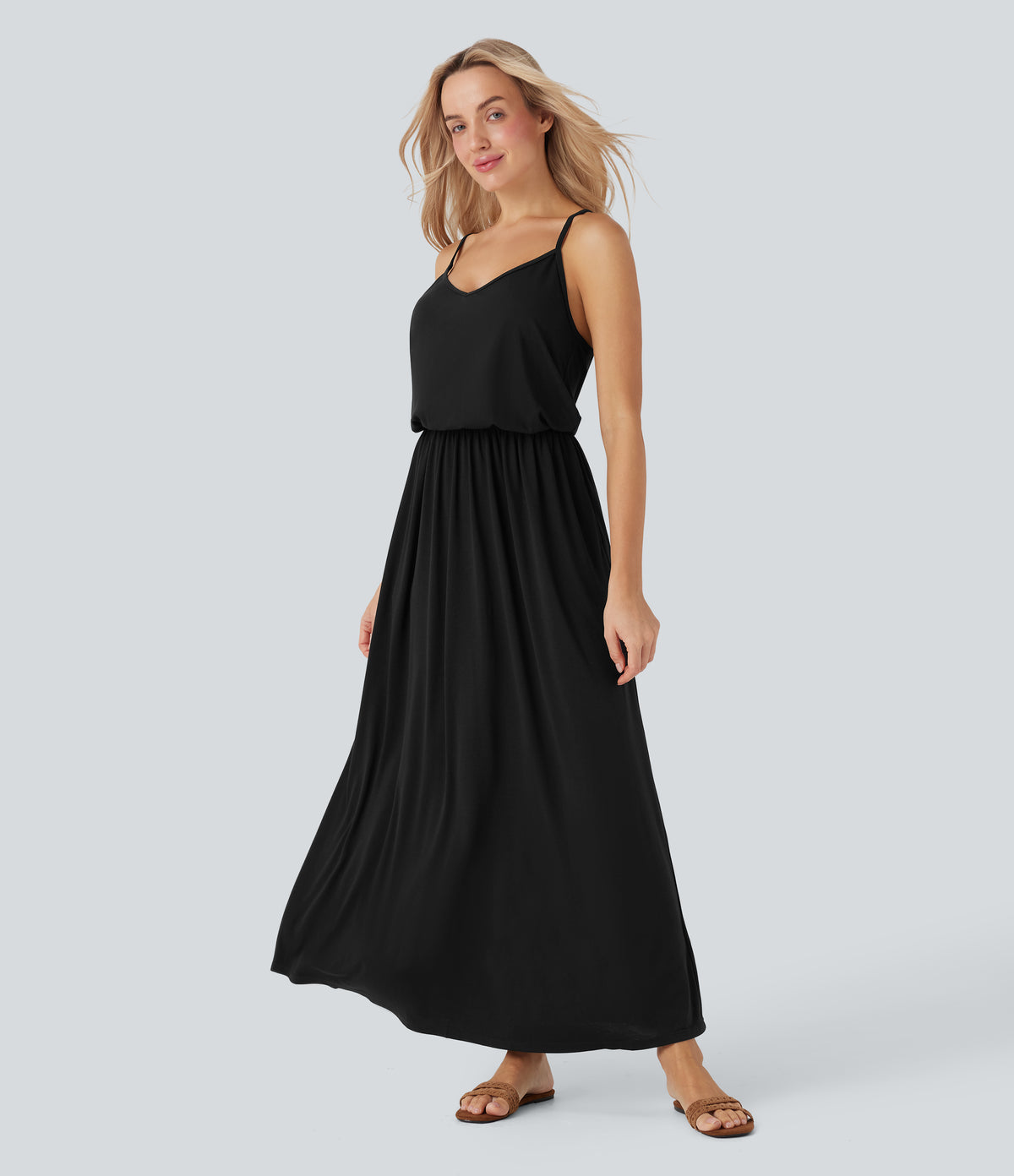 Adjustable Strap Maxi Flowy Resort Slip Dress with Pockets — Black — view 8