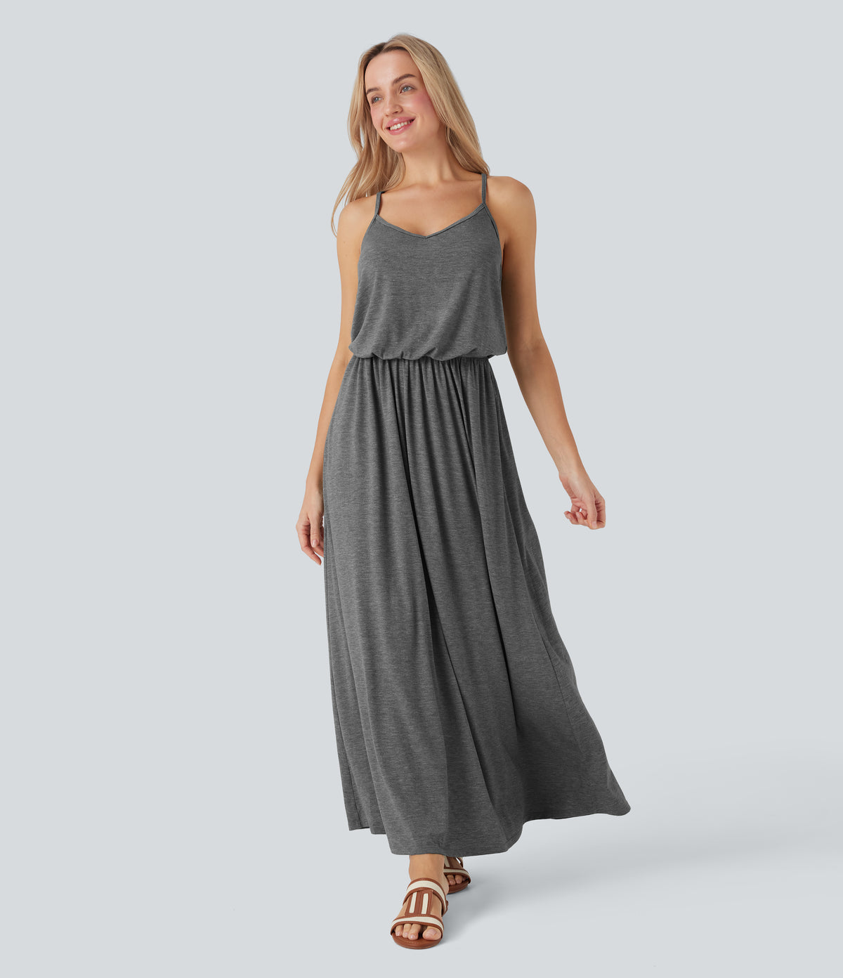 Adjustable Strap Maxi Flowy Resort Slip Dress with Pockets — Darl Gray Floral Yarn — view 11