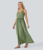 Adjustable Strap Maxi Flowy Resort Slip Dress with Pockets — Light Green Floral Yarn — view 3