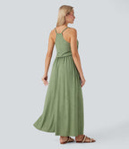 Adjustable Strap Maxi Flowy Resort Slip Dress with Pockets — Light Green Floral Yarn — view 2