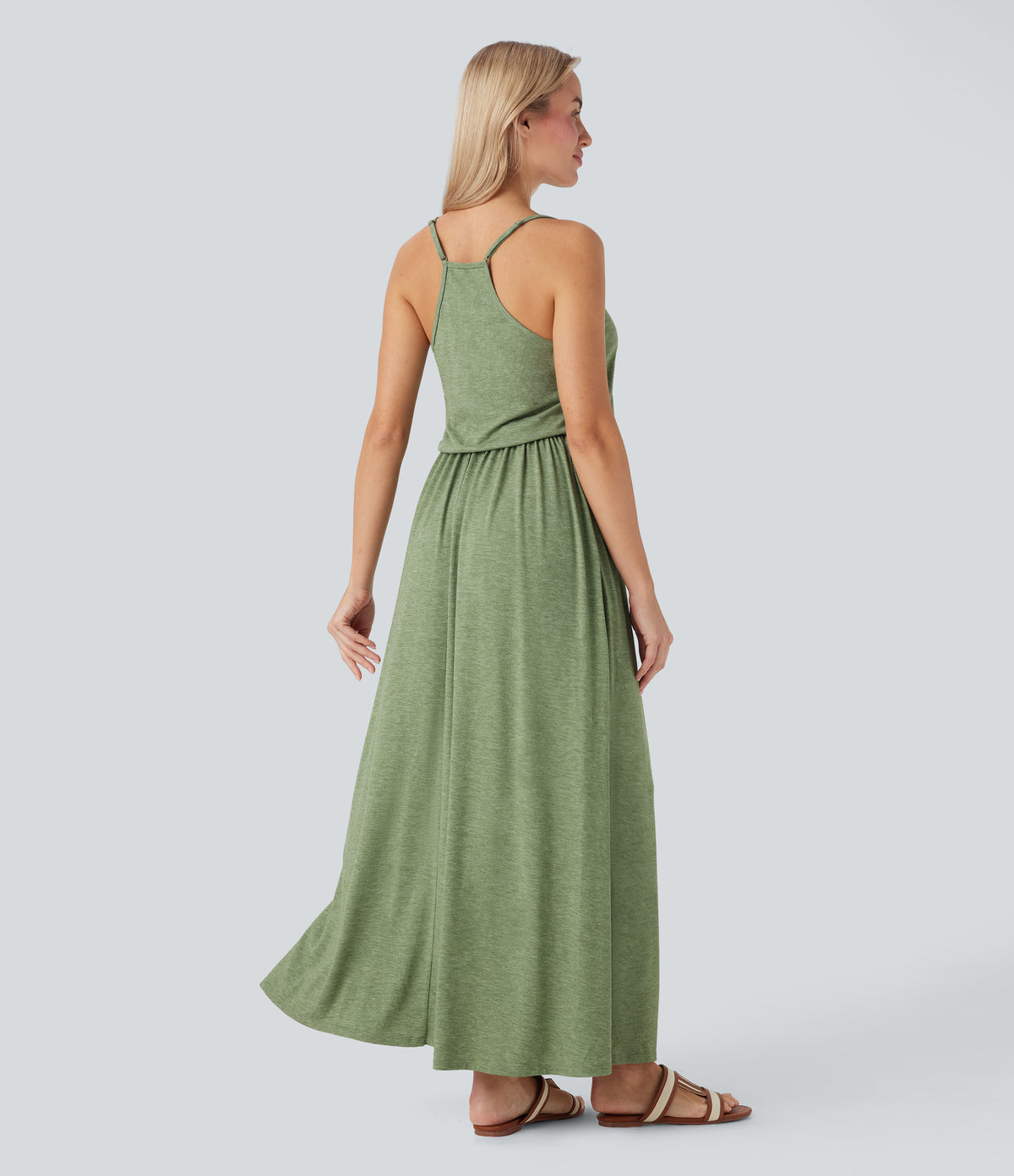 Adjustable Strap Maxi Flowy Resort Slip Dress with Pockets — Light Green Floral Yarn — view 2