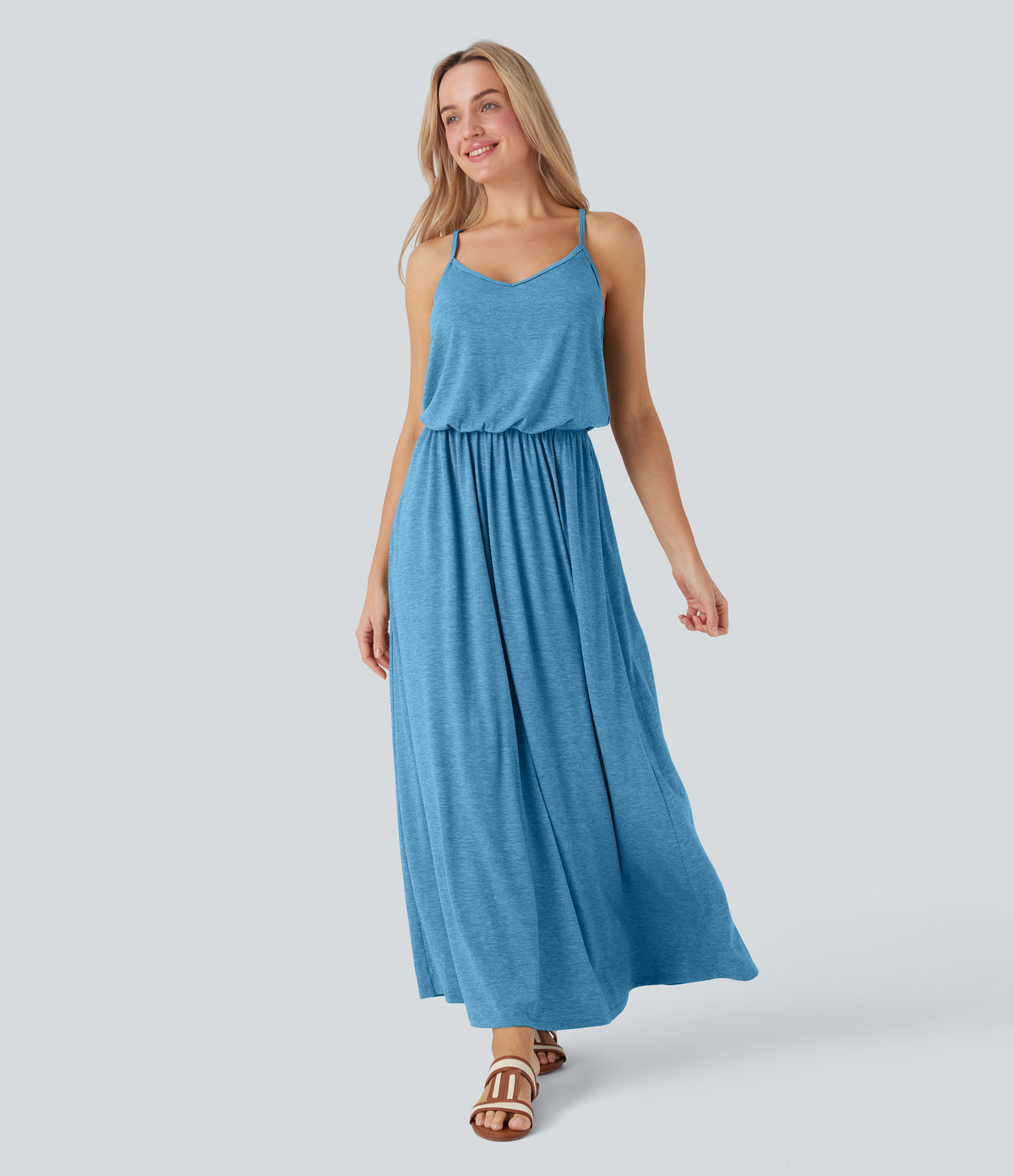 Adjustable Strap Maxi Flowy Resort Slip Dress with Pockets — Clear Coast Blue — view 9
