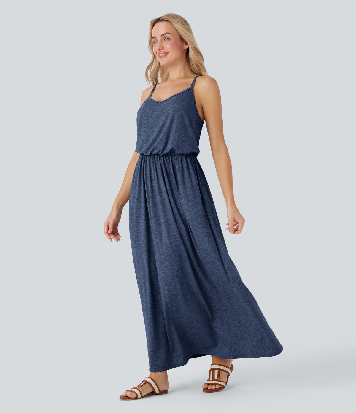 Adjustable Strap Maxi Flowy Resort Slip Dress with Pockets — Mottled Indigo — view 10