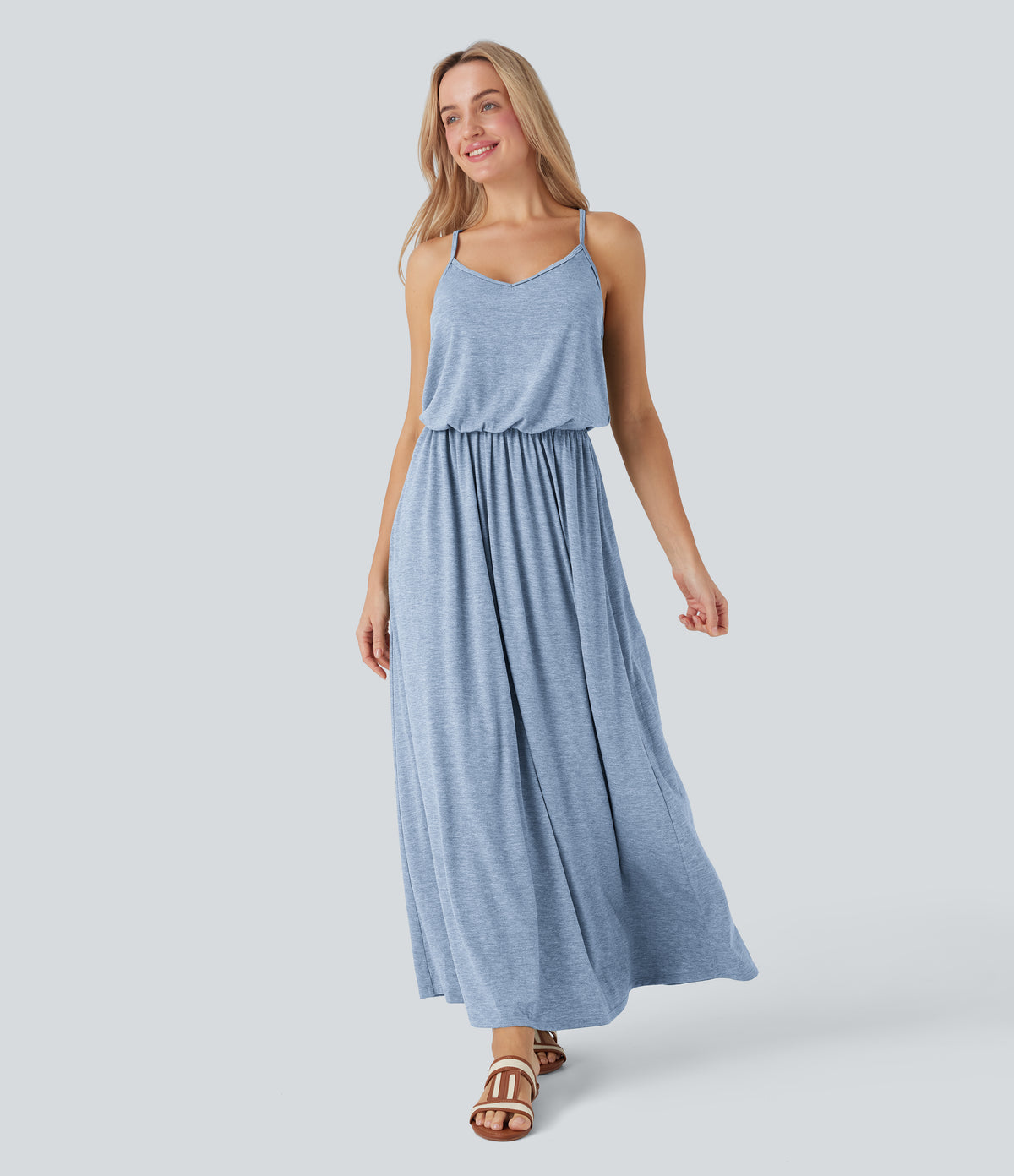 Adjustable Strap Maxi Flowy Resort Slip Dress with Pockets — Cloudlight Blue — view 14