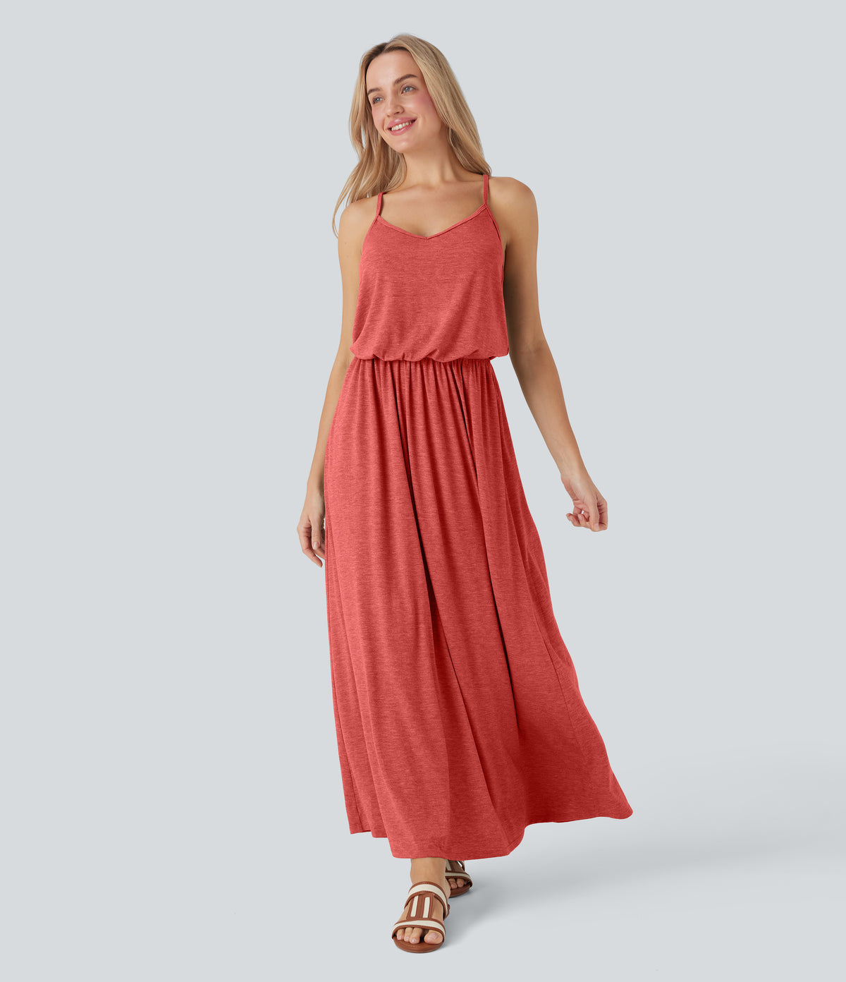 Adjustable Strap Maxi Flowy Resort Slip Dress with Pockets — Poinsettia Floral Yarn — view 12