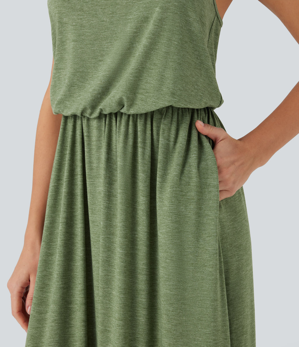 Adjustable Strap Maxi Flowy Resort Slip Dress with Pockets — Light Green Floral Yarn — view 6