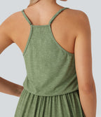 Adjustable Strap Maxi Flowy Resort Slip Dress with Pockets — Light Green Floral Yarn — view 5