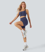 QuickDry High-Waisted Tummy-Control Ruched Running Biker Shorts 5'' — Dawn Purple — view 8