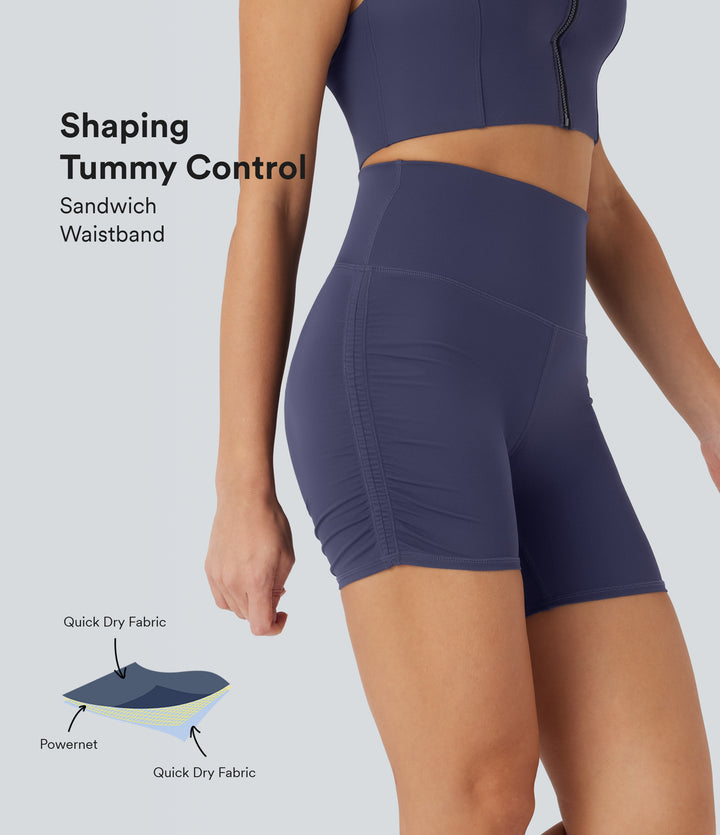 QuickDry High-Waisted Tummy-Control Ruched Running Biker Shorts 5'' — Dawn Purple — view 1