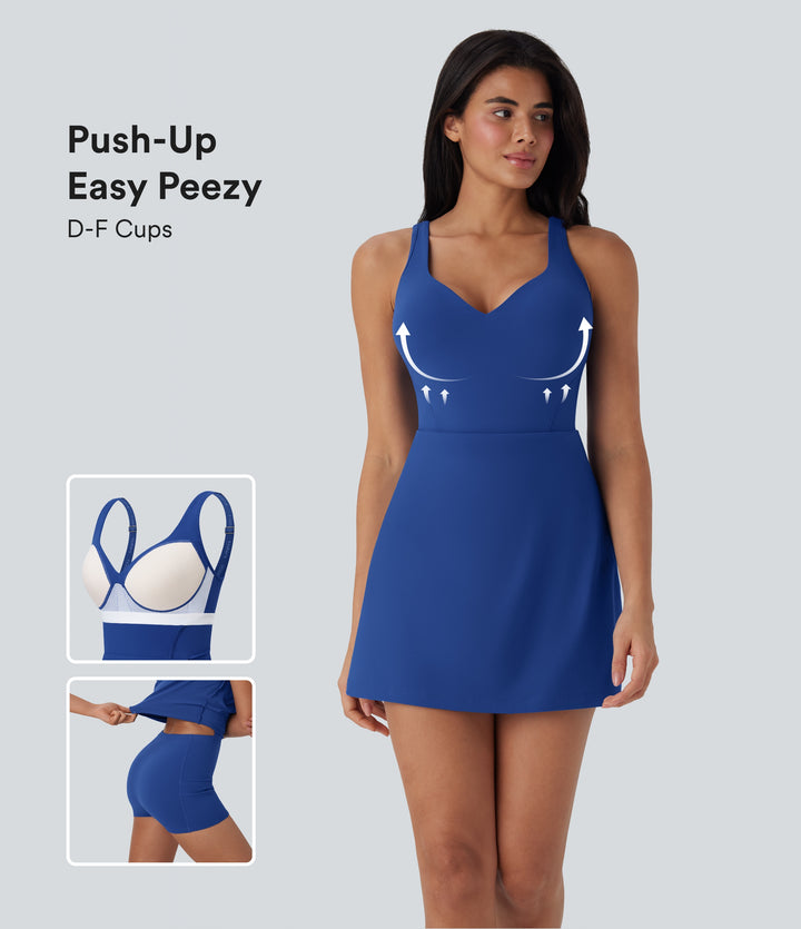 Plush Push-Up Molded Cups 2-in-1 Yoga Active Dress with Pockets-DD-F Cups — Beaucoup Blue — view 1