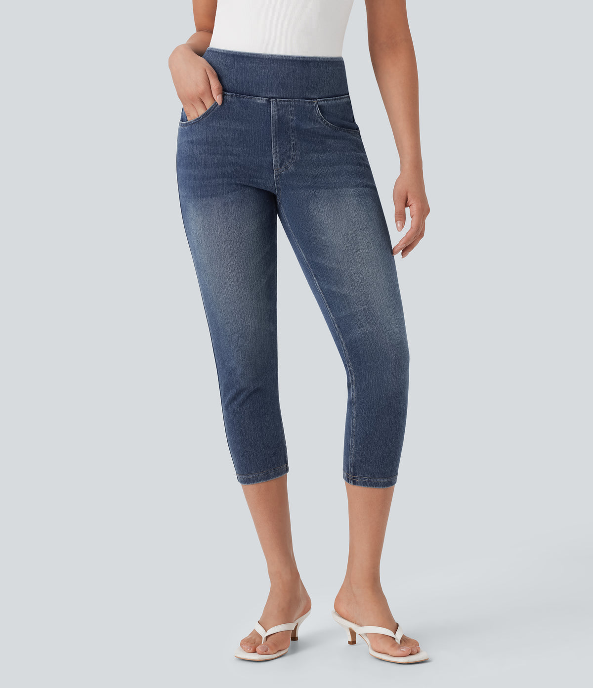 High-Waisted Denim Casual Capri Leggings with Pockets — Royal Blue Denim — view 3