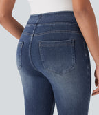 High-Waisted Denim Casual Capri Leggings with Pockets — Royal Blue Denim — view 5