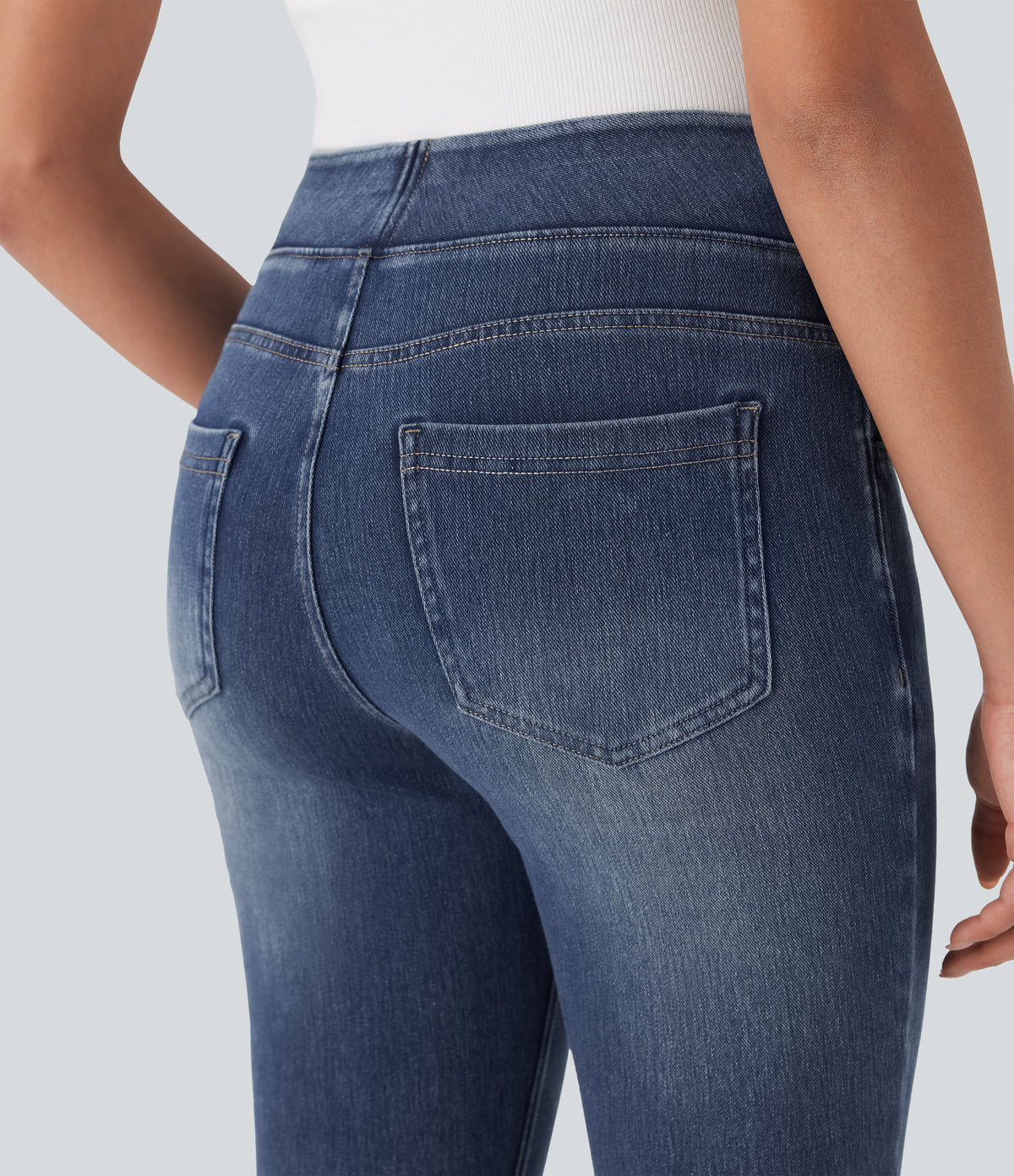 High-Waisted Denim Casual Capri Leggings with Pockets — Royal Blue Denim — view 5