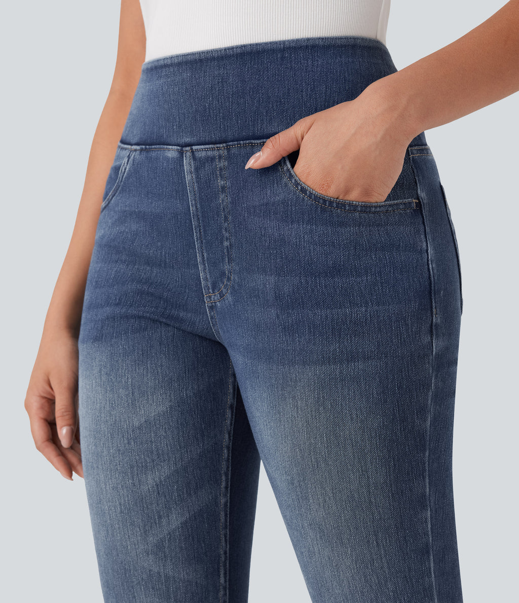 High-Waisted Denim Casual Capri Leggings with Pockets — Royal Blue Denim — view 4