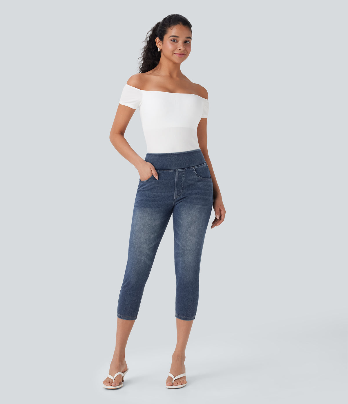 High-Waisted Denim Casual Capri Leggings with Pockets — Royal Blue Denim — view 6