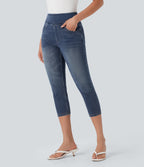 High-Waisted Denim Casual Capri Leggings with Pockets — Royal Blue Denim — view 1