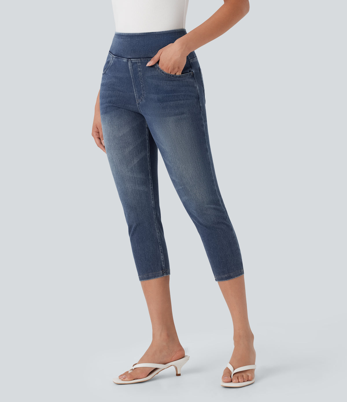 High-Waisted Denim Casual Capri Leggings with Pockets — Royal Blue Denim — view 1