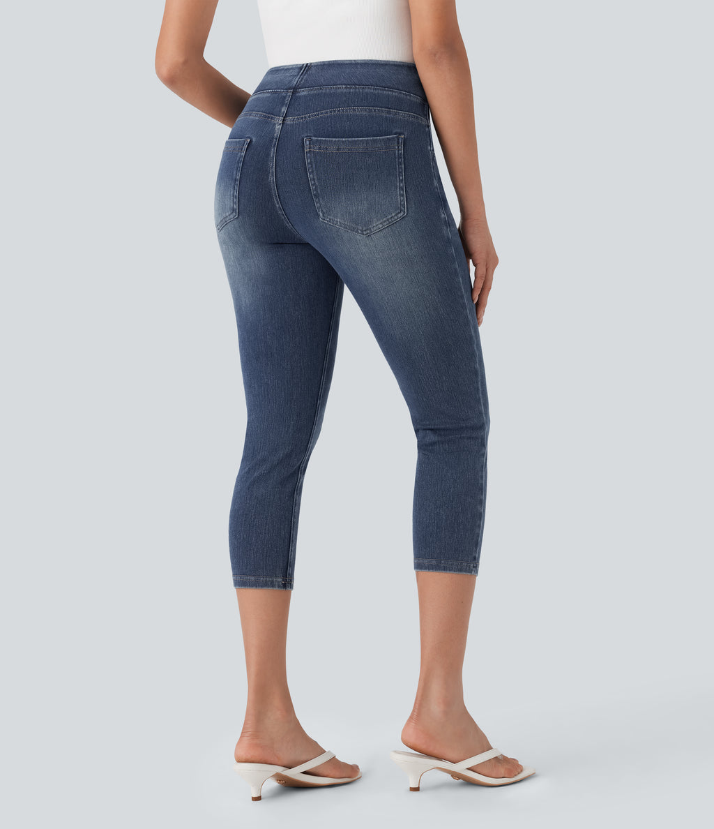 High-Waisted Denim Casual Capri Leggings with Pockets — Royal Blue Denim — view 2