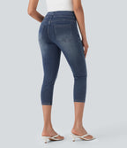 High-Waisted Denim Casual Capri Leggings with Pockets — Royal Blue Denim — view 2
