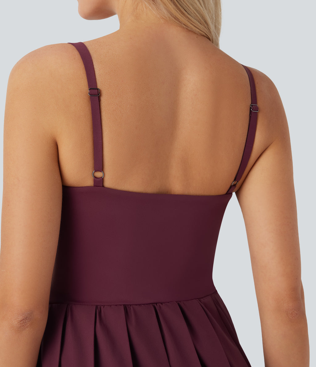 Pleated Adjustable Buckle 2-in-1 Micro Mini Quick Dry Casual Slip Dress with Pocket — Amaranth — view 6
