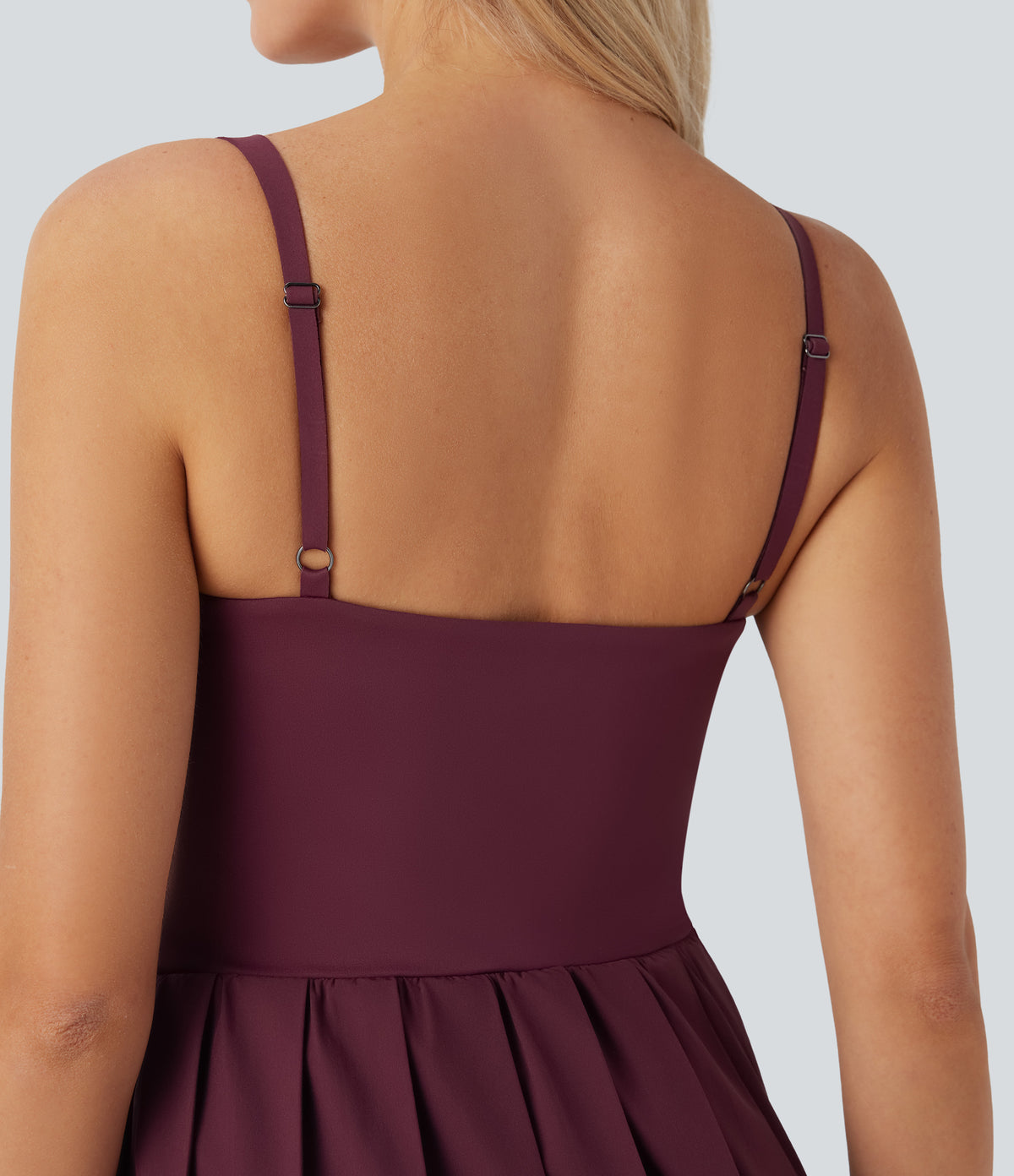 Pleated Adjustable Buckle 2-in-1 Micro Mini Quick Dry Casual Slip Dress with Pocket — Amaranth — view 6