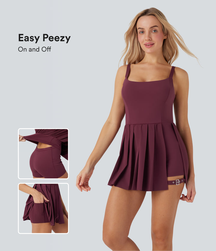 Pleated Adjustable Buckle 2-in-1 Micro Mini Quick Dry Casual Slip Dress with Pocket — Amaranth — view 1