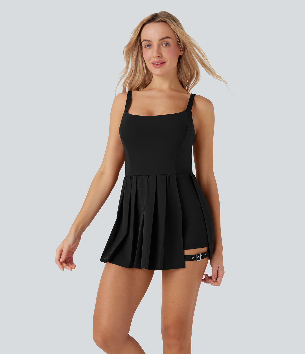 Pleated Adjustable Buckle 2-in-1 Micro Mini Quick Dry Casual Slip Dress with Pocket — Black — view 9