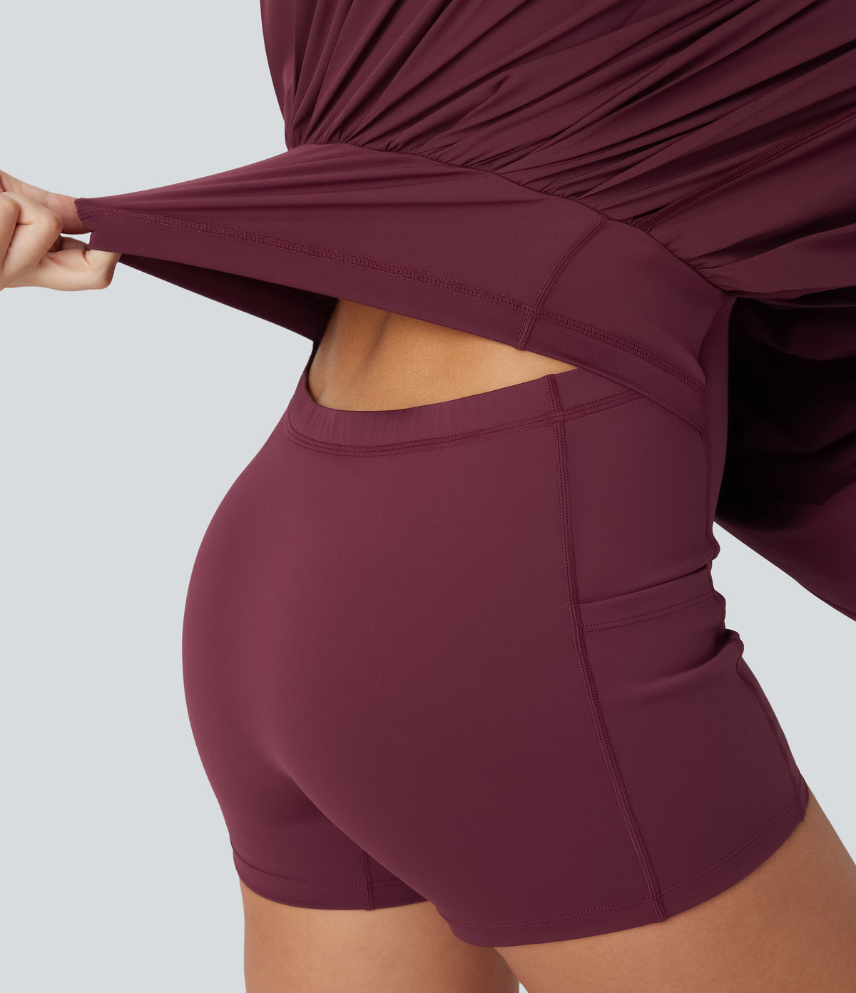 Pleated Adjustable Buckle 2-in-1 Micro Mini Quick Dry Casual Slip Dress with Pocket — Amaranth — view 4