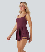 Pleated Adjustable Buckle 2-in-1 Micro Mini Quick Dry Casual Slip Dress with Pocket — Amaranth — view 3
