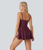 Pleated Adjustable Buckle 2-in-1 Micro Mini Quick Dry Casual Slip Dress with Pocket — Amaranth — view 2