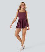 Pleated Adjustable Buckle 2-in-1 Micro Mini Quick Dry Casual Slip Dress with Pocket — Amaranth — view 8