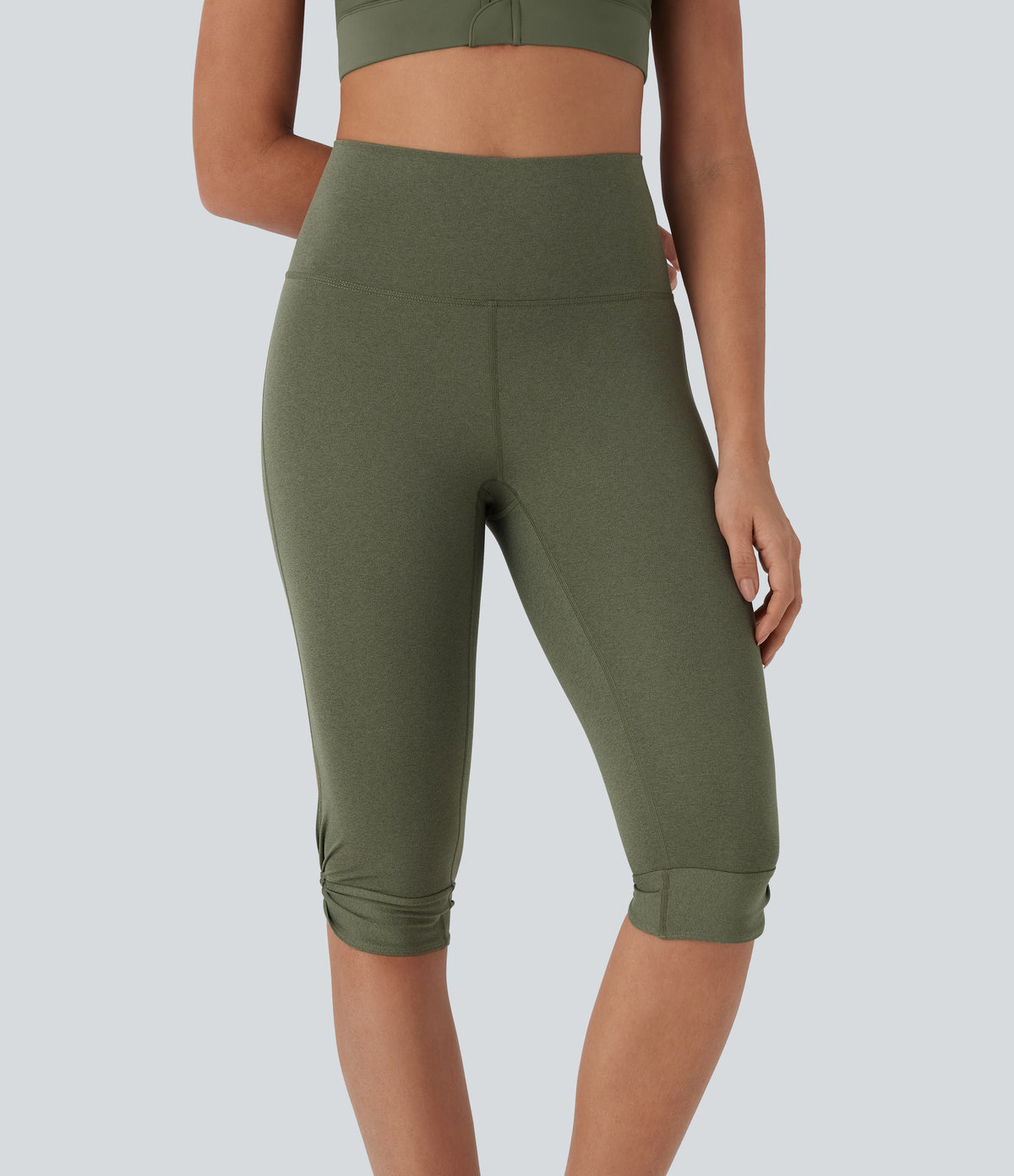 High-Waisted Cut-Out Twisted Quick-Dry Yoga Cropped Capri Leggings with Pocket — Rifle Green Heather — view 3