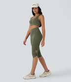 High-Waisted Cut-Out Twisted Quick-Dry Yoga Cropped Capri Leggings with Pocket — Rifle Green Heather — view 6
