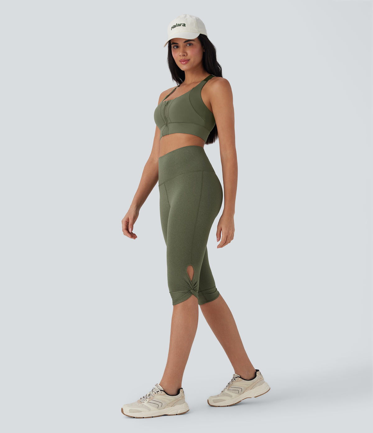 High-Waisted Cut-Out Twisted Quick-Dry Yoga Cropped Capri Leggings with Pocket — Rifle Green Heather — view 6