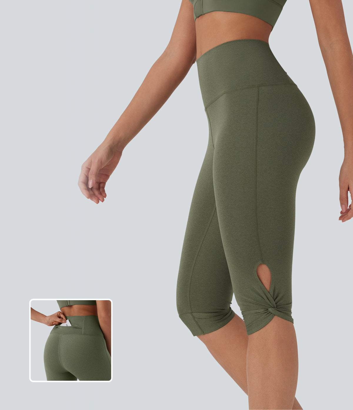 High-Waisted Cut-Out Twisted Quick-Dry Yoga Cropped Capri Leggings with Pocket — Rifle Green Heather — view 1