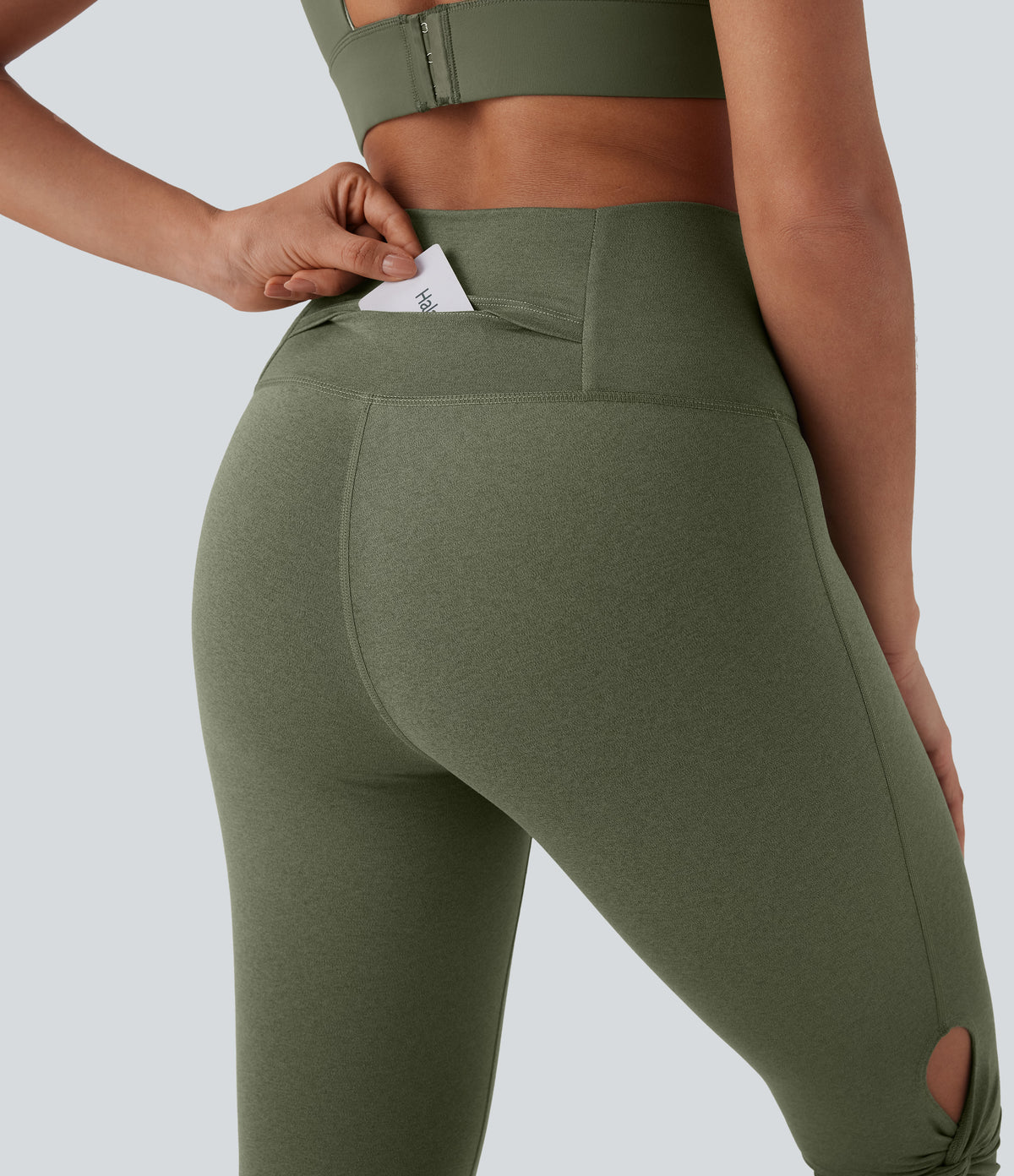 High-Waisted Cut-Out Twisted Quick-Dry Yoga Cropped Capri Leggings with Pocket — Rifle Green Heather — view 4