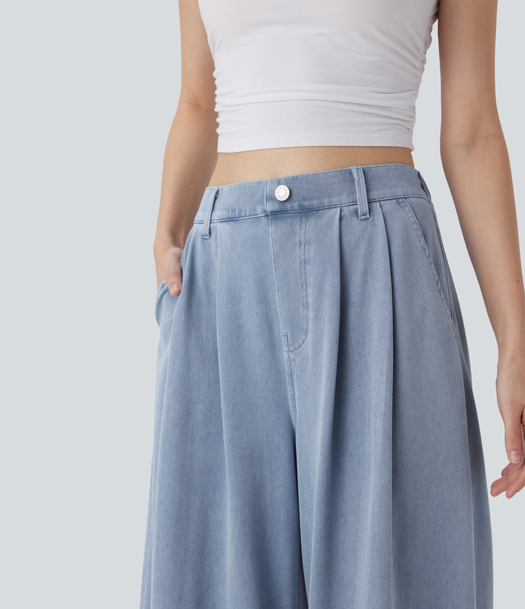 High Waisted Wide leg InstantCool Denim Casual Jeans with Pockets — Baltic Sea Blue Denim — view 4