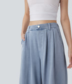 High Waisted Wide leg InstantCool Denim Casual Jeans with Pockets — Baltic Sea Blue Denim — view 4
