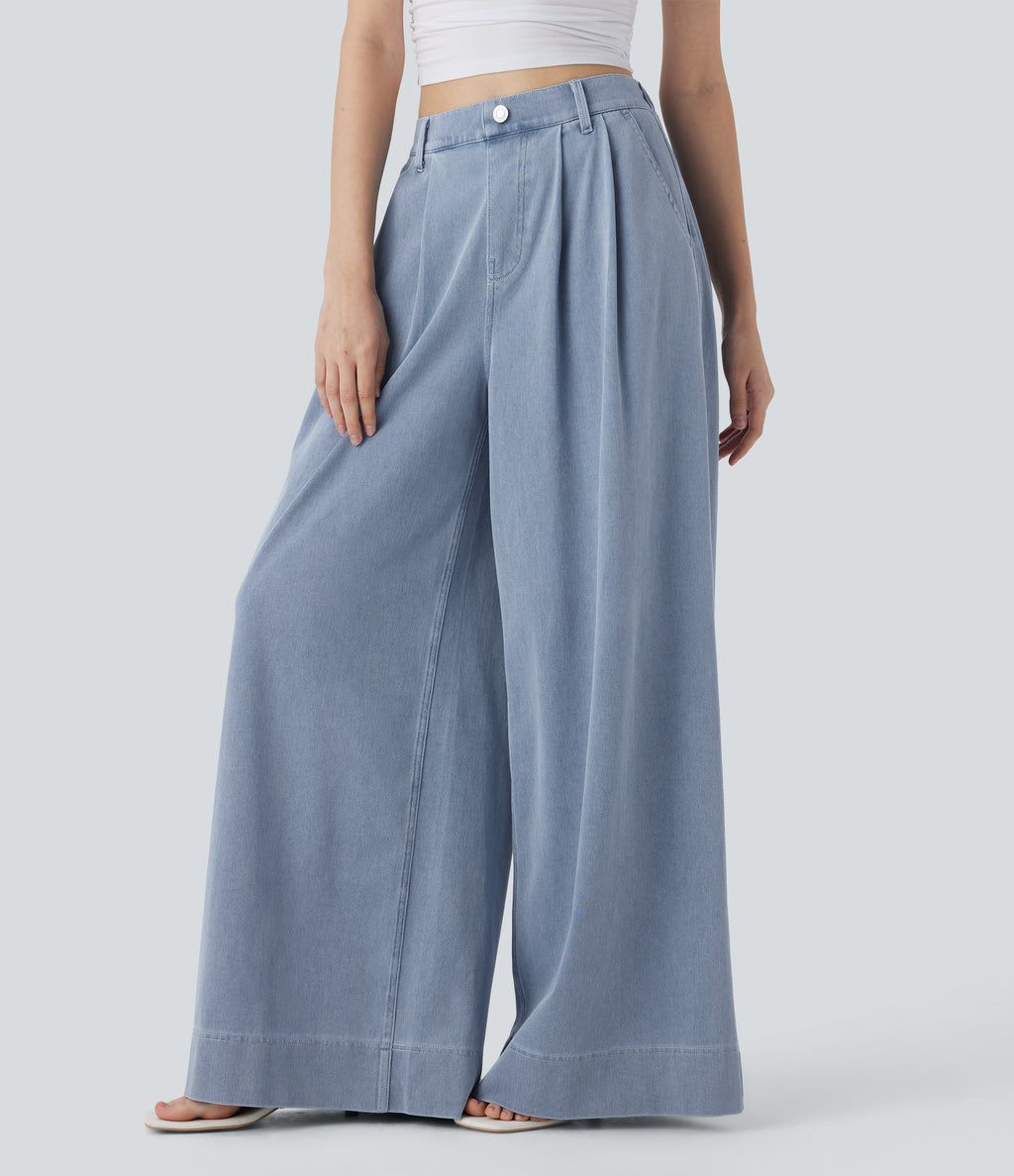 High Waisted Wide leg InstantCool Denim Casual Jeans with Pockets — Baltic Sea Blue Denim — view 2