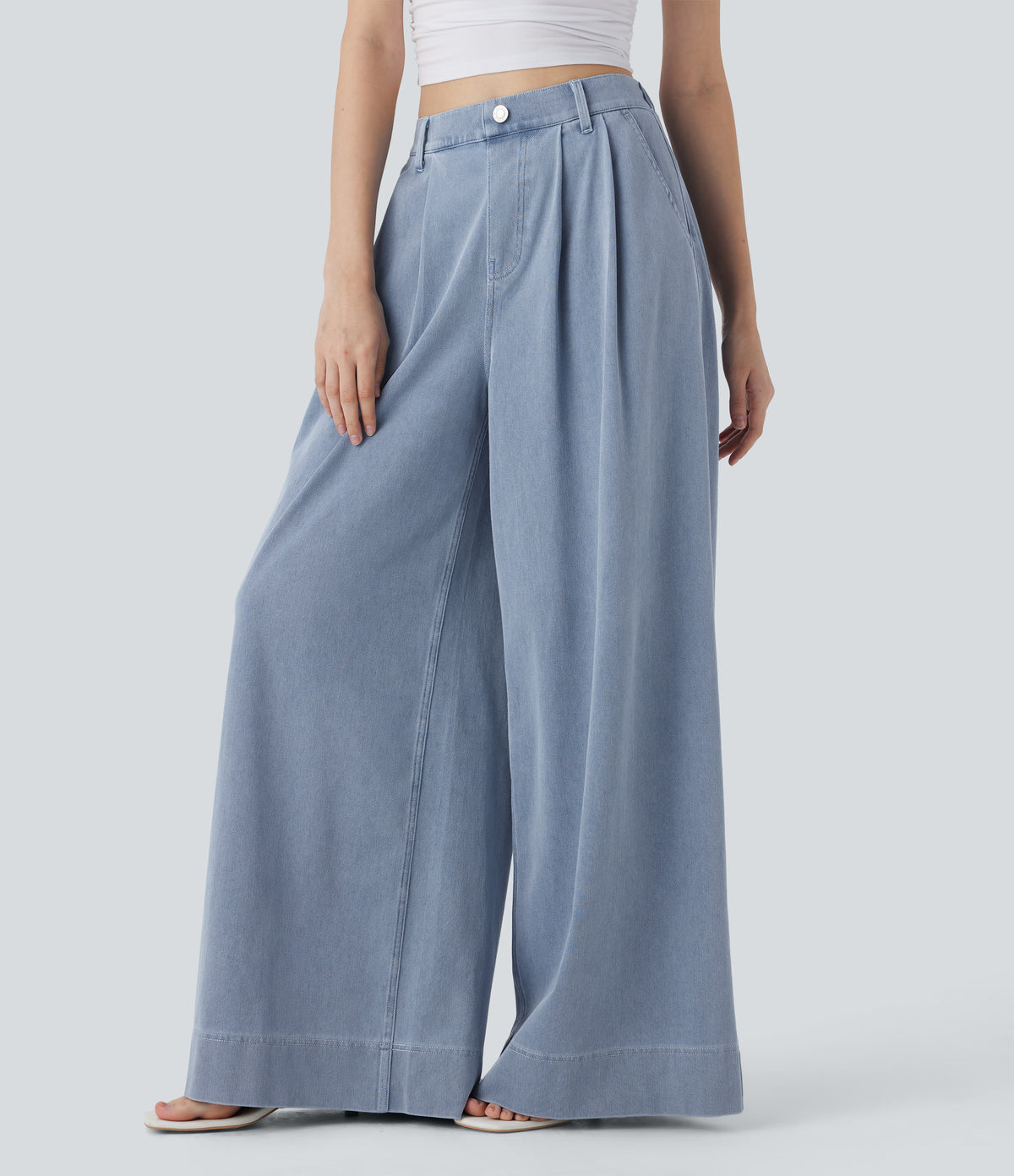 High Waisted Wide leg InstantCool Denim Casual Jeans with Pockets — Baltic Sea Blue Denim — view 2