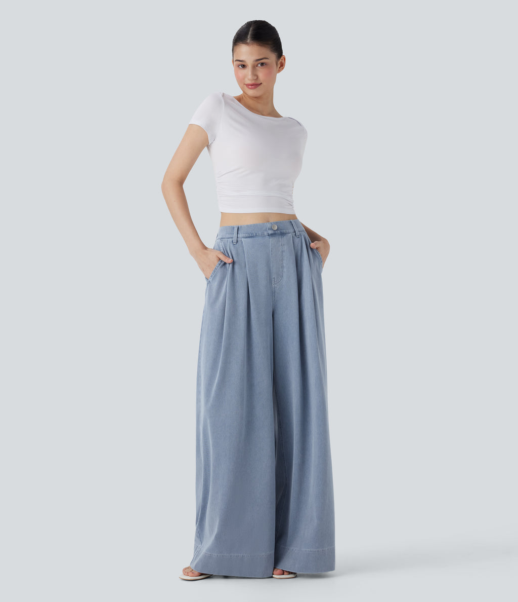 High Waisted Wide leg InstantCool Denim Casual Jeans with Pockets — Baltic Sea Blue Denim — view 5