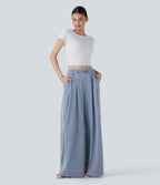 High Waisted Wide leg InstantCool Denim Casual Jeans with Pockets — Baltic Sea Blue Denim — view 5