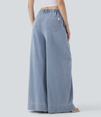 High Waisted Wide leg InstantCool Denim Casual Jeans with Pockets — Baltic Sea Blue Denim — view 1