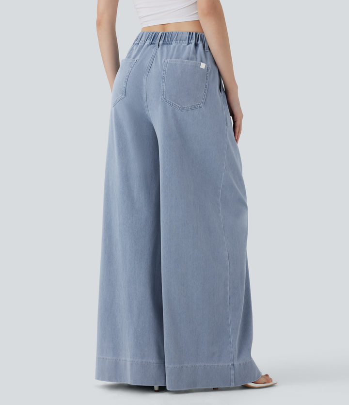High Waisted Wide leg InstantCool Denim Casual Jeans with Pockets — Baltic Sea Blue Denim — view 1