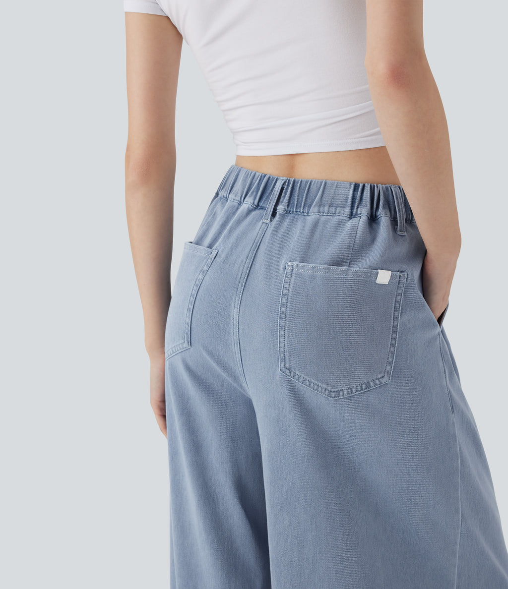 High Waisted Wide leg InstantCool Denim Casual Jeans with Pockets — Baltic Sea Blue Denim — view 3