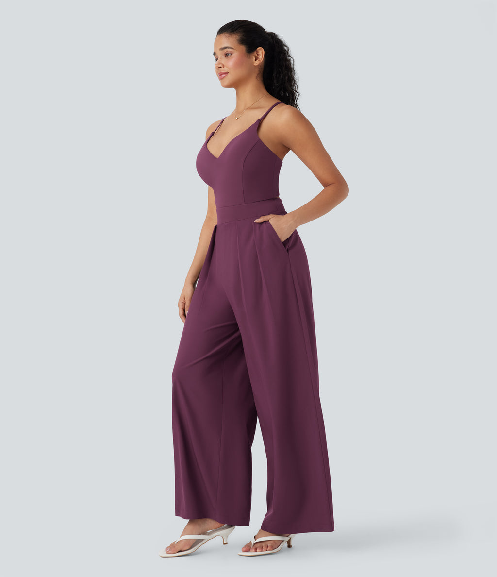 Backless Wide Leg Quick Dry Casual Slip Jumpsuit with Side Pockets-Edition — Amaranth — view 3