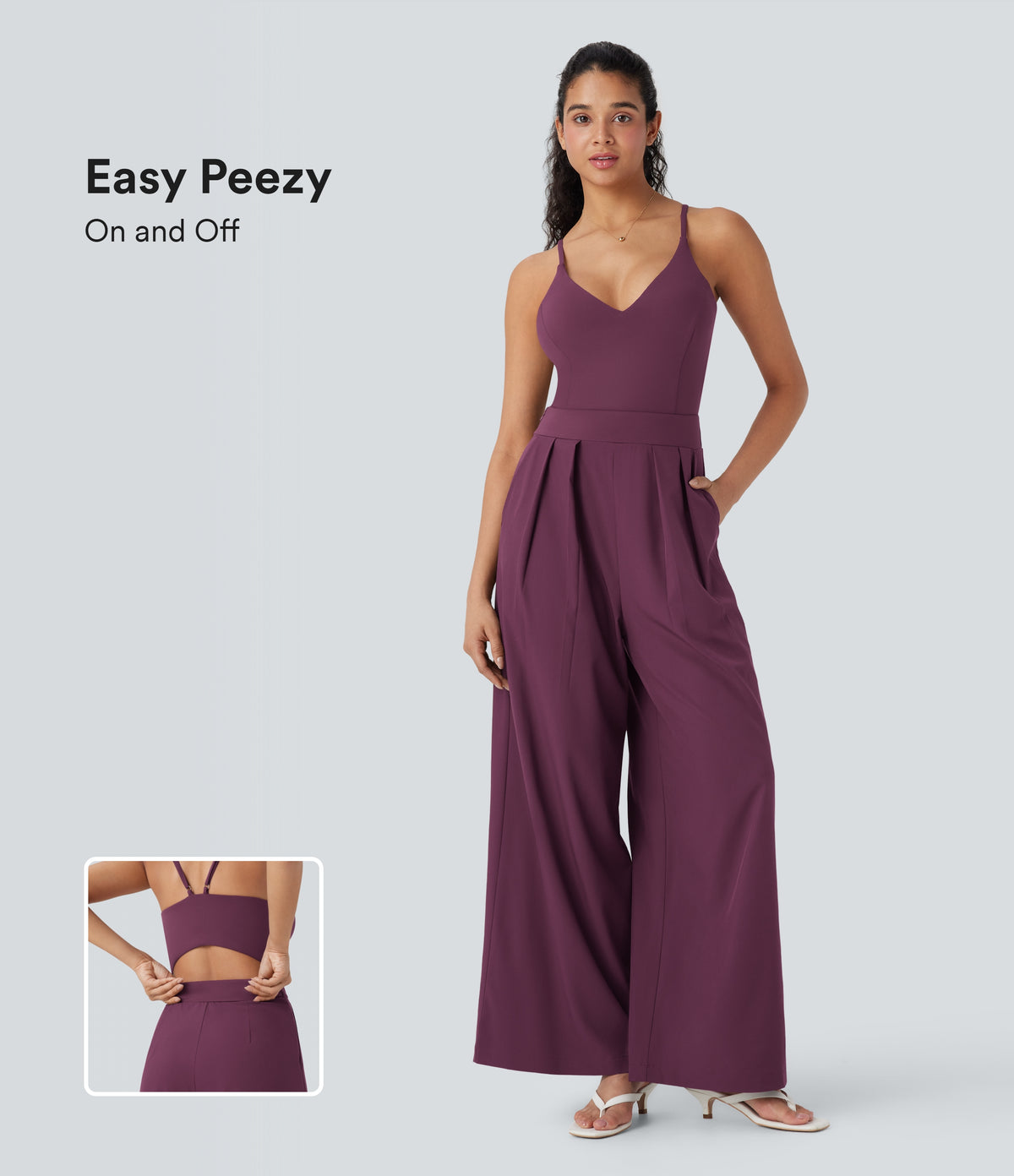 Backless Wide Leg Quick Dry Casual Slip Jumpsuit with Side Pockets-Edition — Amaranth — view 1