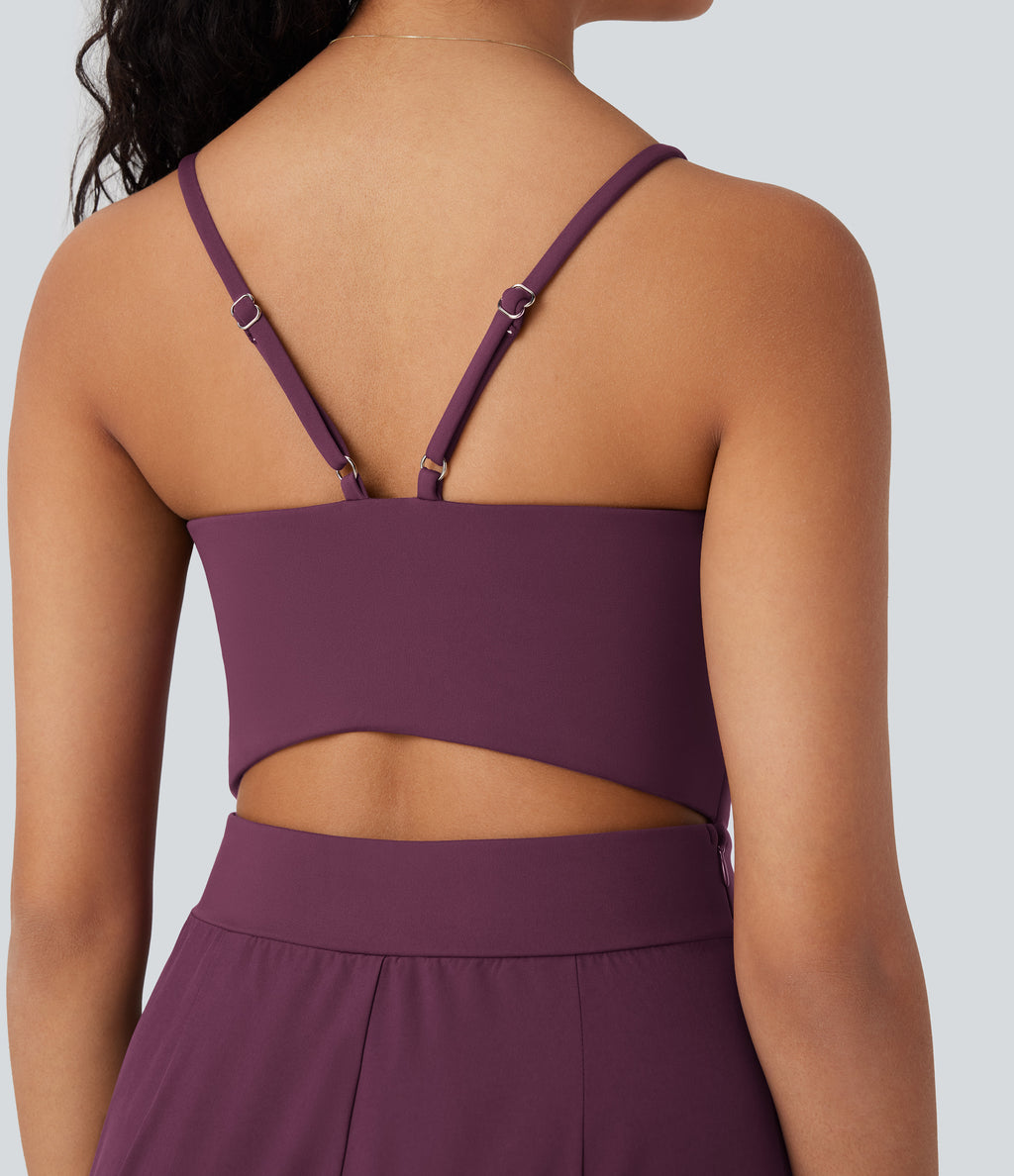 Backless Wide Leg Quick Dry Casual Slip Jumpsuit with Side Pockets-Edition — Amaranth — view 5