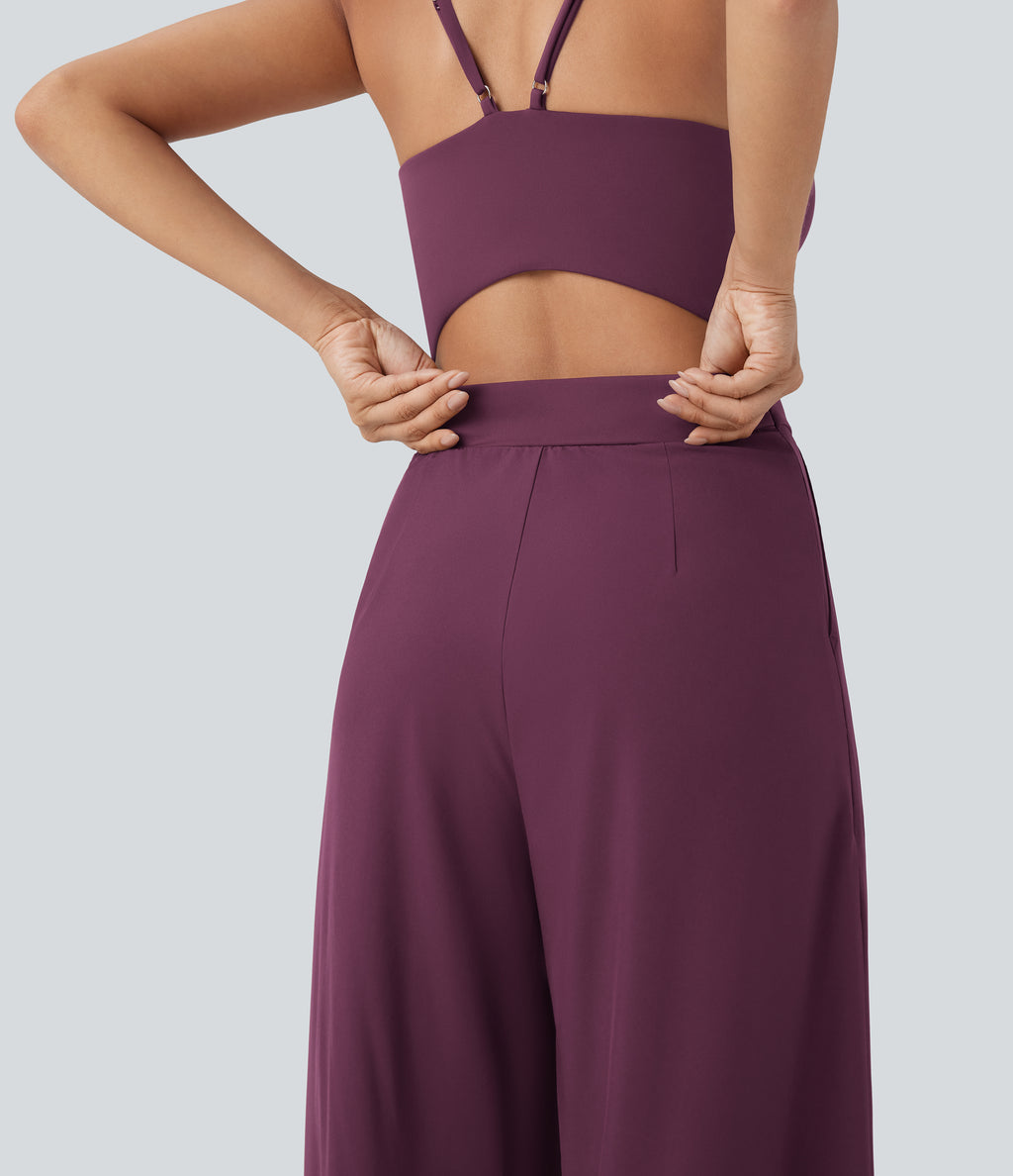 Backless Wide Leg Quick Dry Casual Slip Jumpsuit with Side Pockets-Edition — Amaranth — view 4