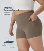 Plus Size High Waisted Tummy Control Training Biker Shorts 3'' with Pockets — Dawn Brown — view 1